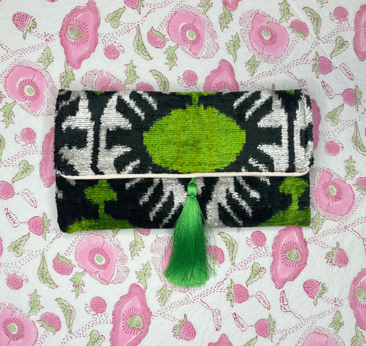 Ikat Clutch - Green Pom